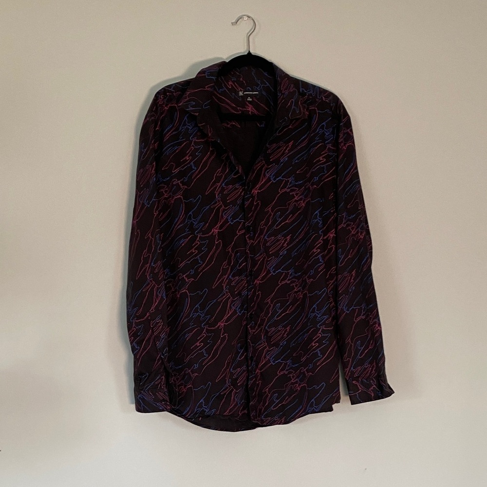 INC International Concepts Black Top with Squiggles Red and Blue Patterns